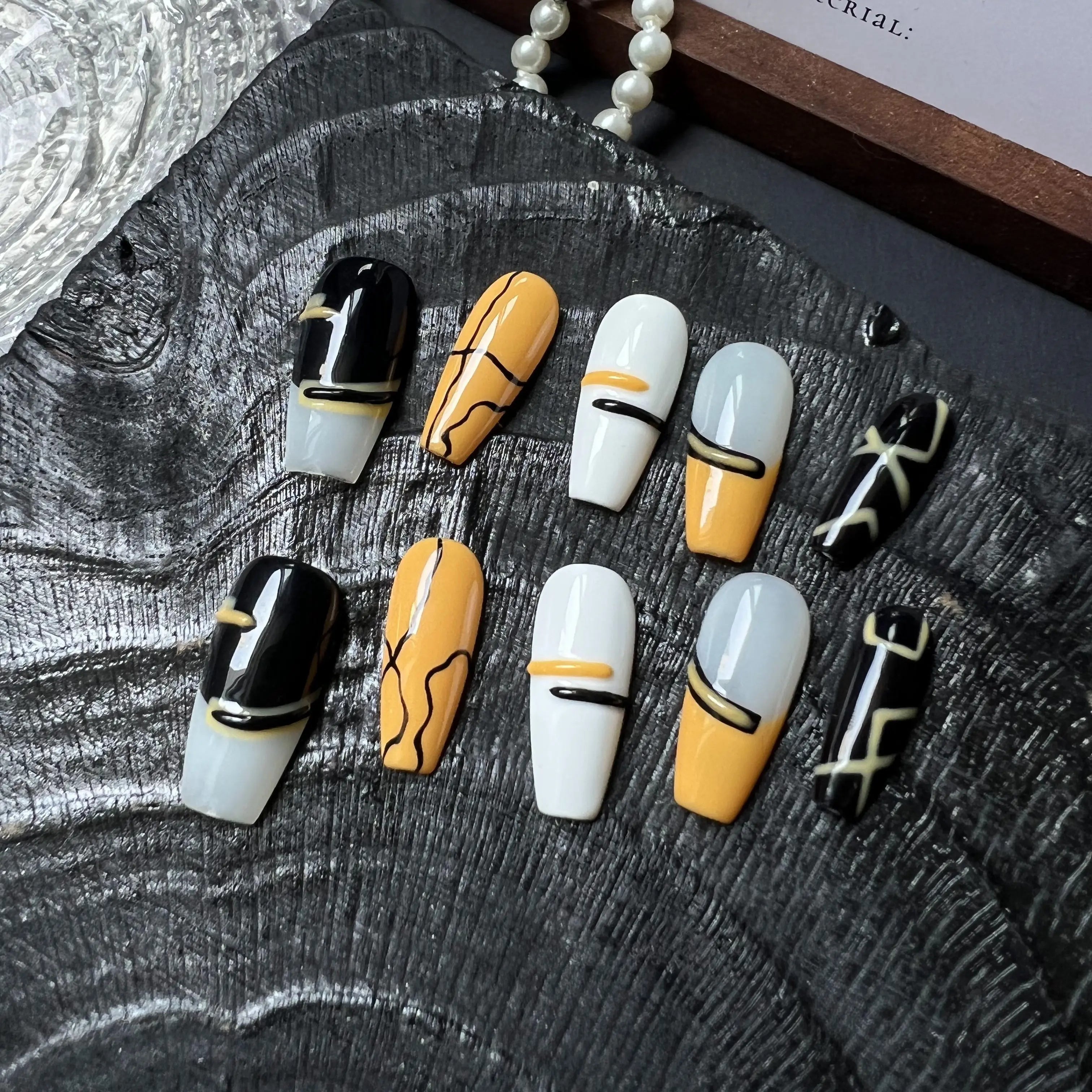Modern Yellow Black & White Abstract Press On Nails - My Store