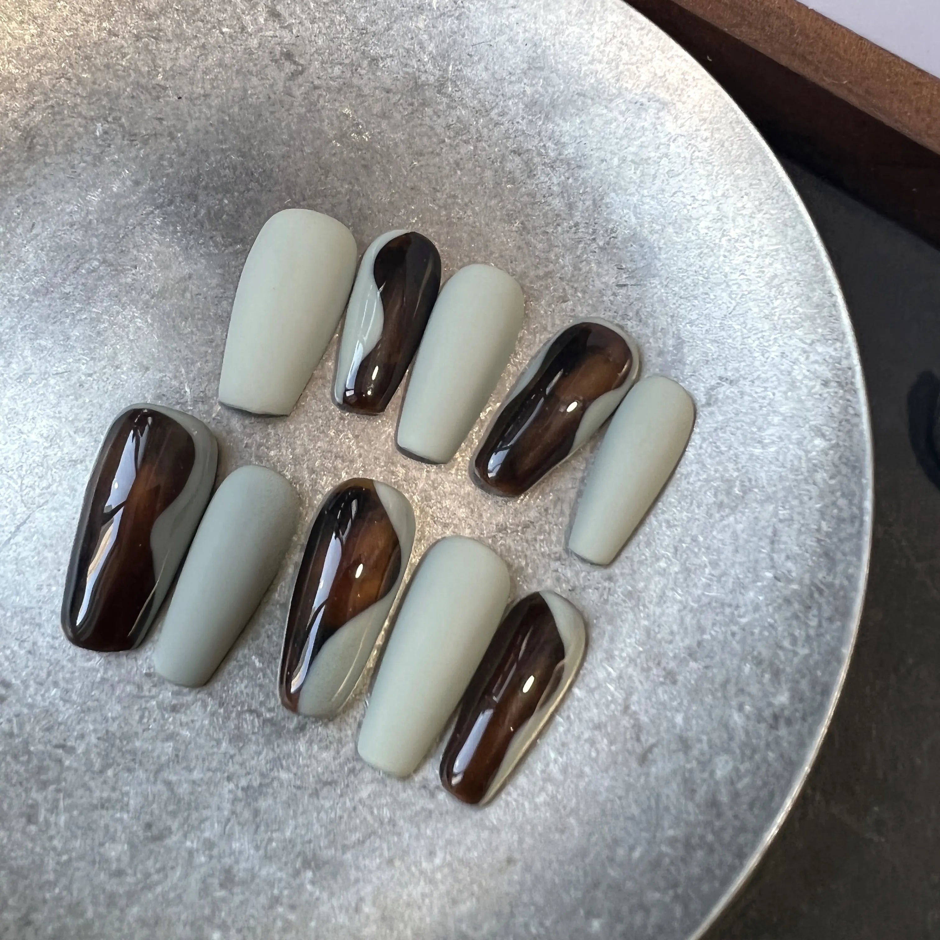 Matte Sage & Brown Swirl Modern Press On Nails - My Store