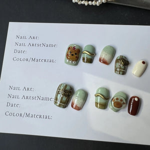 Vintage Matcha Green & Gold Artistic Press On Nails - Momenails