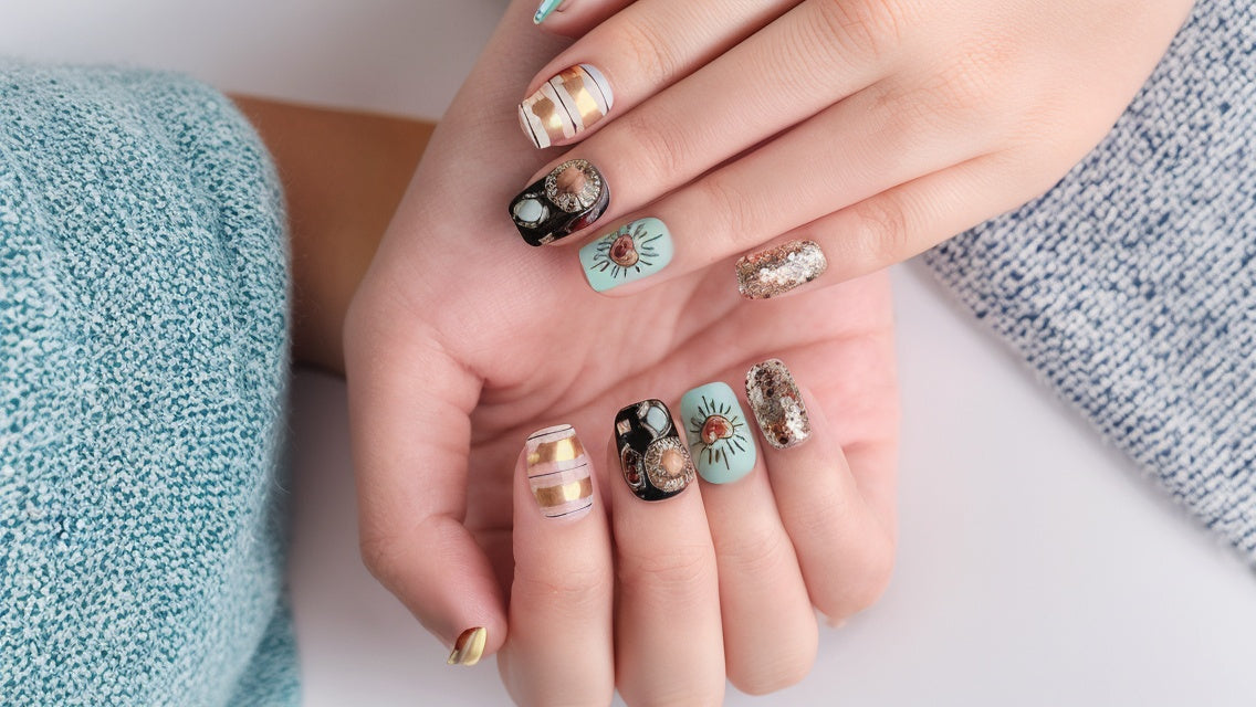 Close-up of a hand with intricately designed nails on a light background