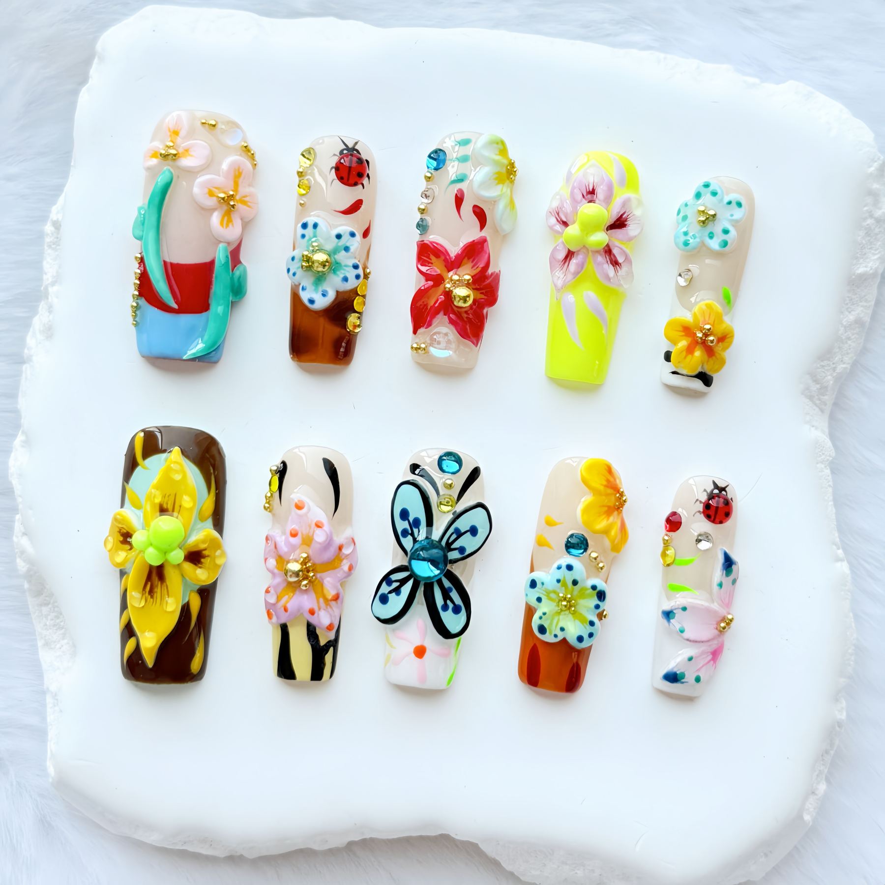 3D Floral Garden Press On Nails – Colorful Handmade Spring Blooms