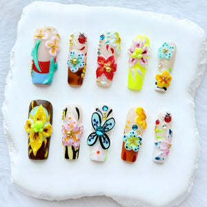 3D Floral Garden Press On Nails – Colorful Handmade Spring Blooms