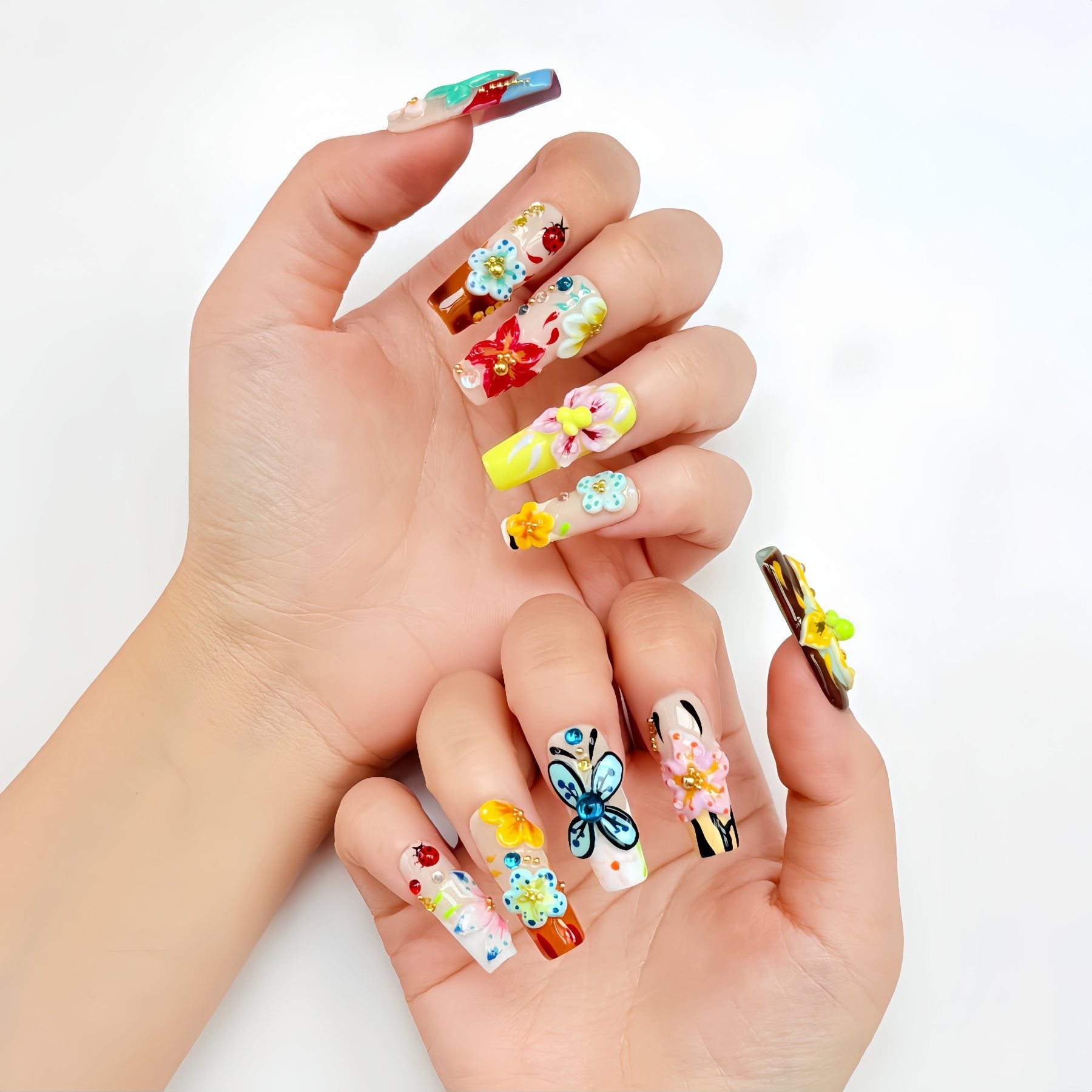 3D Floral Garden Press On Nails – Colorful Handmade Spring Blooms