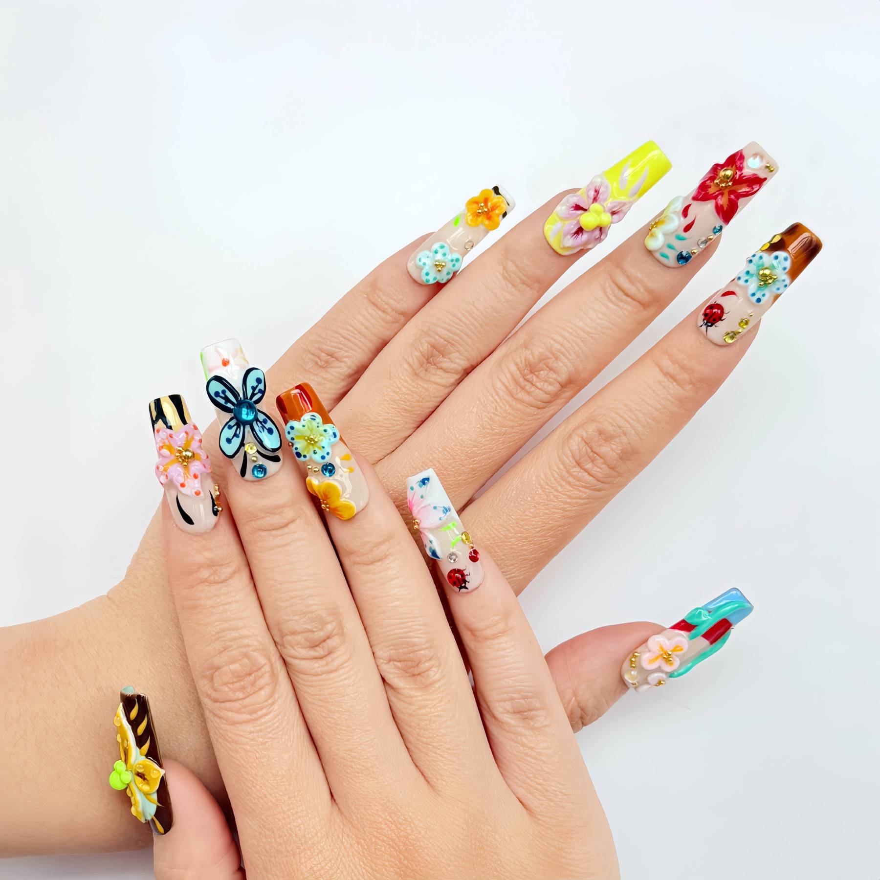 3D Floral Garden Press On Nails – Colorful Handmade Spring Blooms