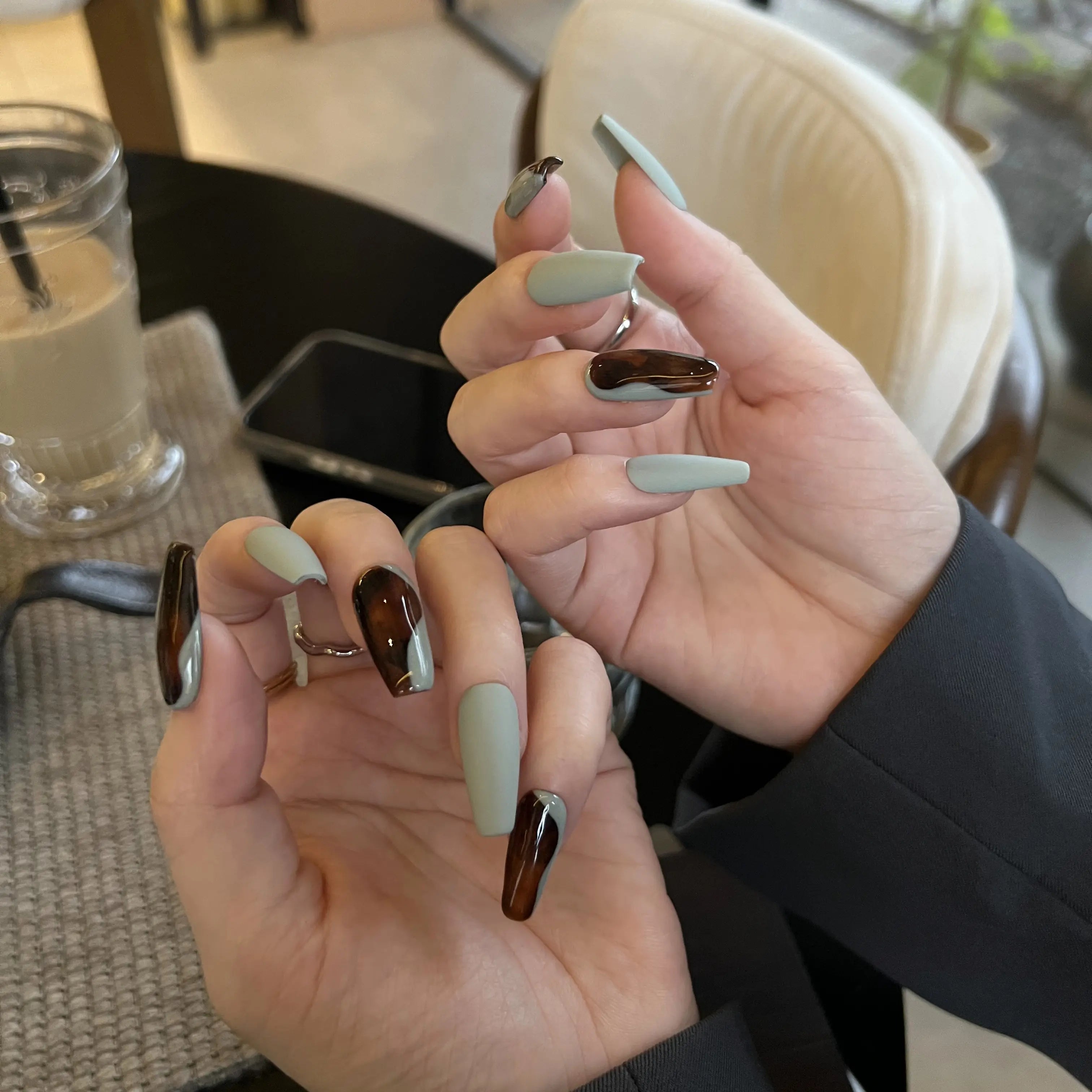 Matte Sage & Brown Swirl Modern Press On Nails - My Store