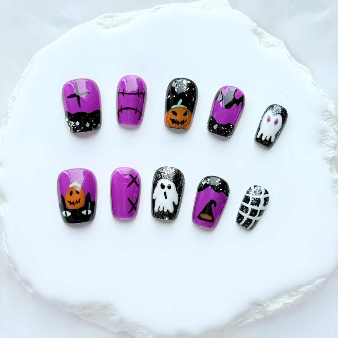 Purple Halloween Cartoon Press On Nails – Spooky Cute Ghost & Pumpkin Set