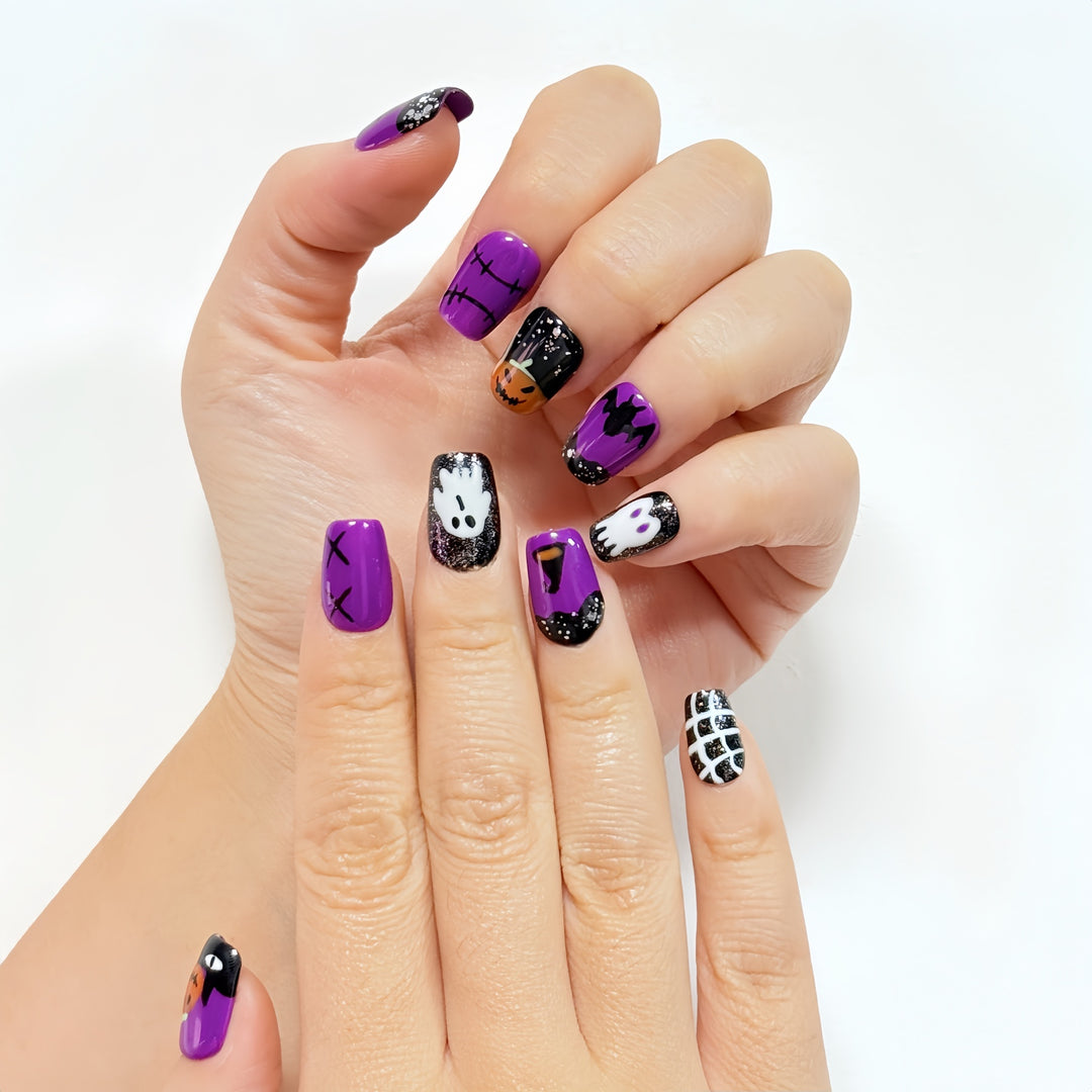 Purple Halloween Cartoon Press On Nails – Spooky Cute Ghost & Pumpkin Set