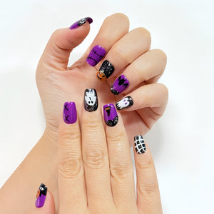 Purple Halloween Cartoon Press On Nails – Spooky Cute Ghost & Pumpkin Set