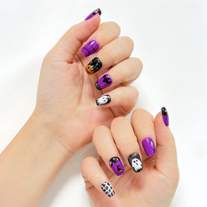 Purple Halloween Cartoon Press On Nails – Spooky Cute Ghost & Pumpkin Set