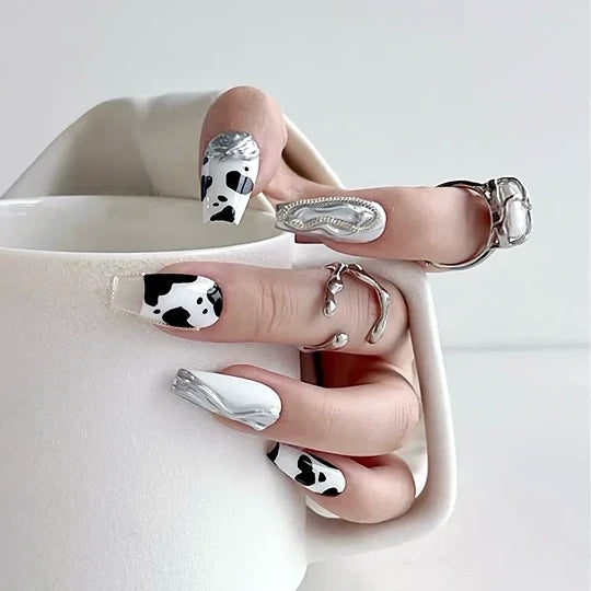 Cow Print & Silver Chrome 3D Press On Nails - Momenails