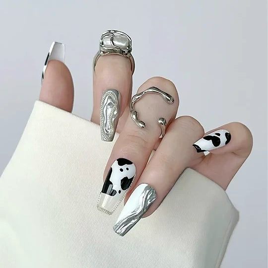 Cow Print & Silver Chrome 3D Press On Nails - Momenails