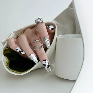 Cow Print & Silver Chrome 3D Press On Nails - Momenails