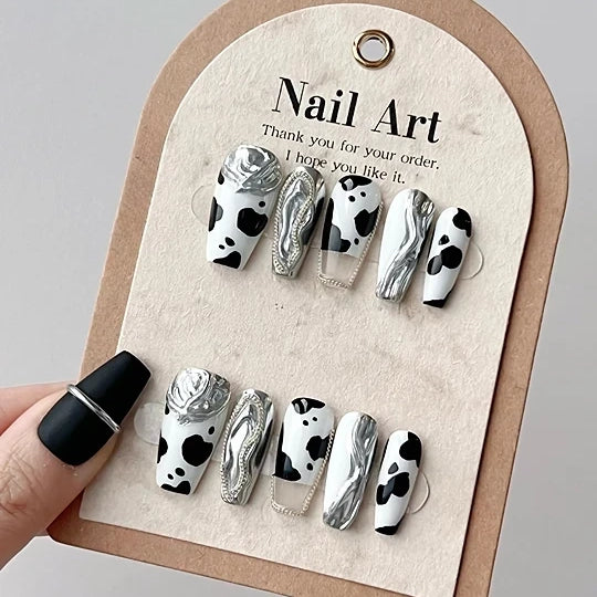 Cow Print & Silver Chrome 3D Press On Nails - Momenails