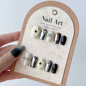 Pearl Flower & Chrome Press On Nails - Momenails