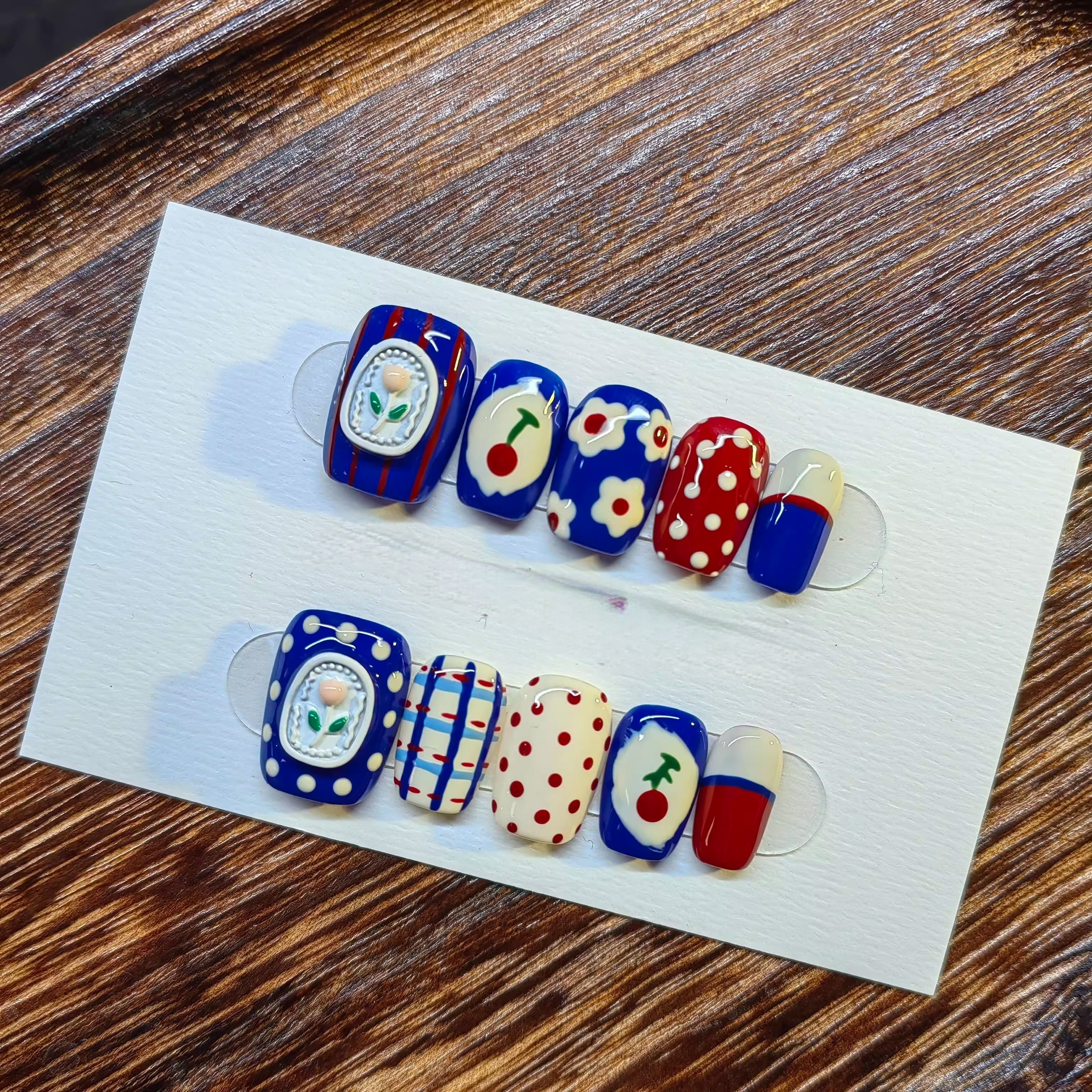 Retro Plaid Cherry Flower Press On Nails - Momenails
