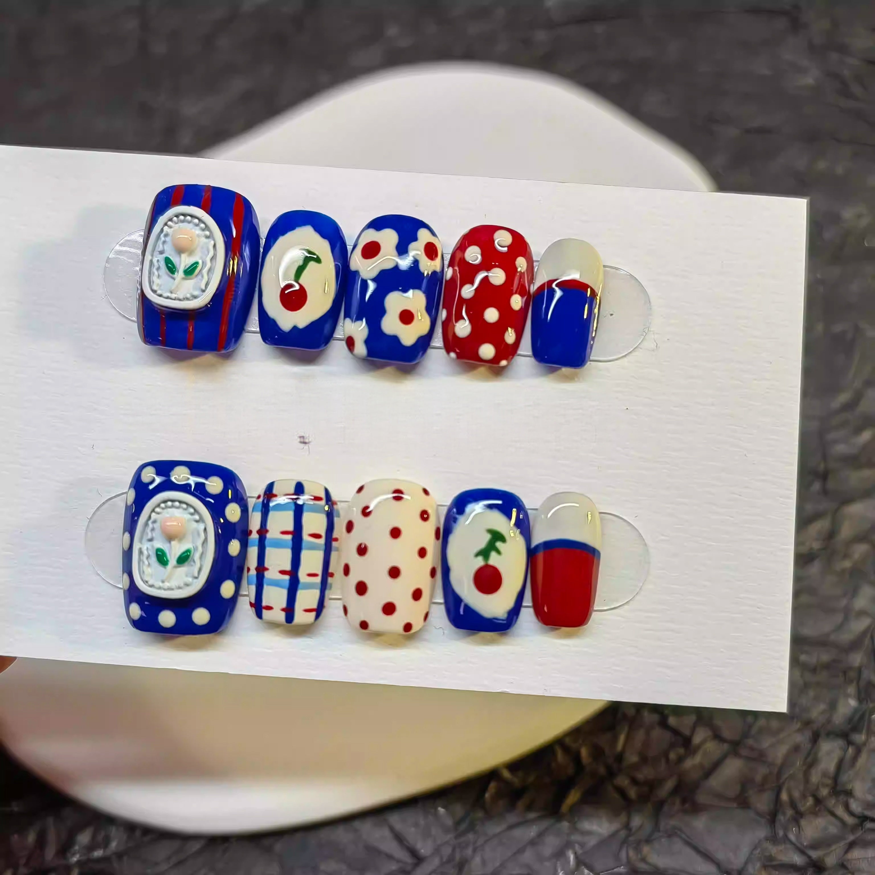 Retro Plaid Cherry Flower Press On Nails - Momenails