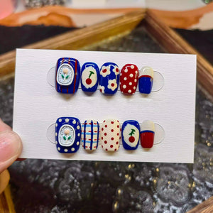 Retro Plaid Cherry Flower Press On Nails - Momenails