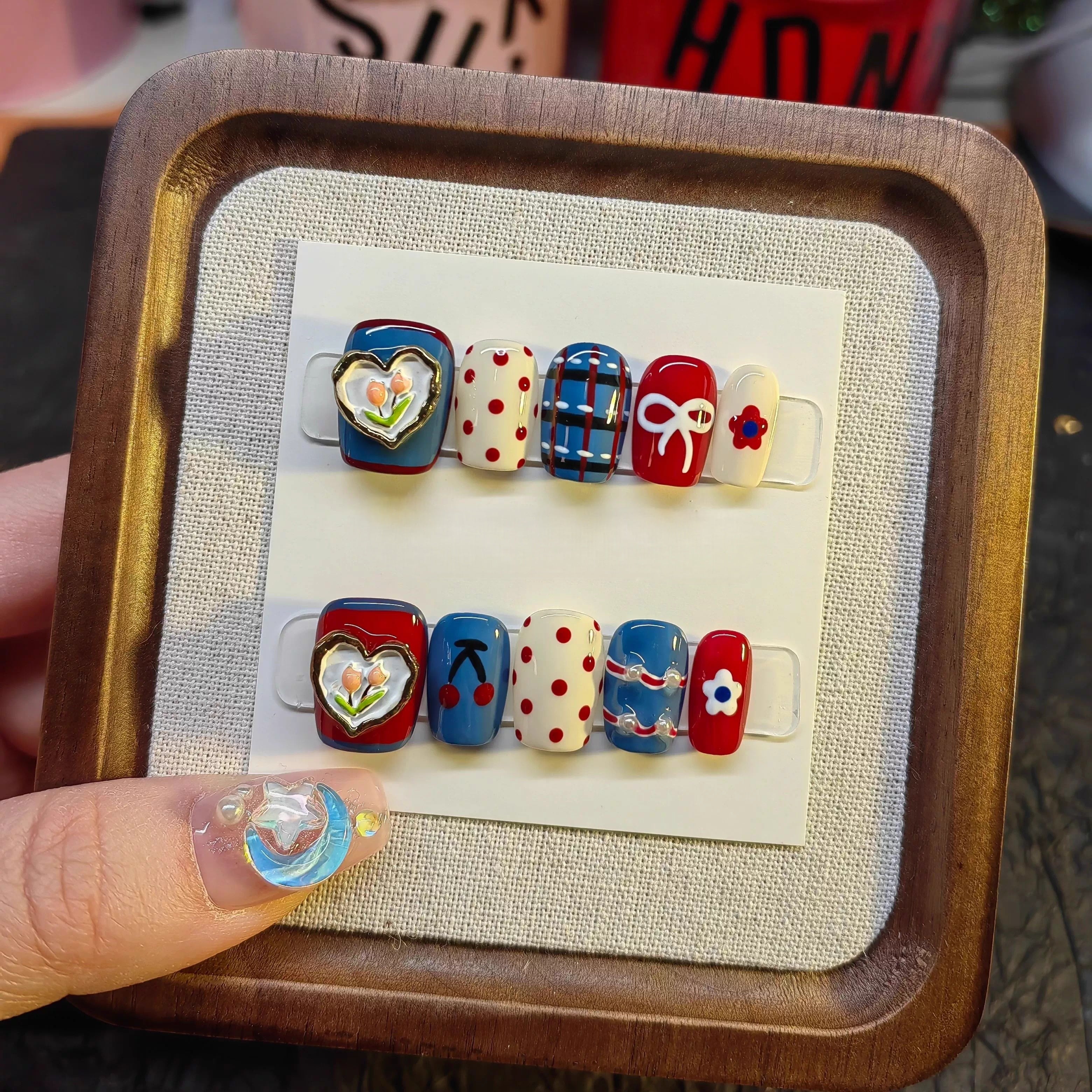 Retro Heart & Cherry Plaid Press On Nails - Momenails